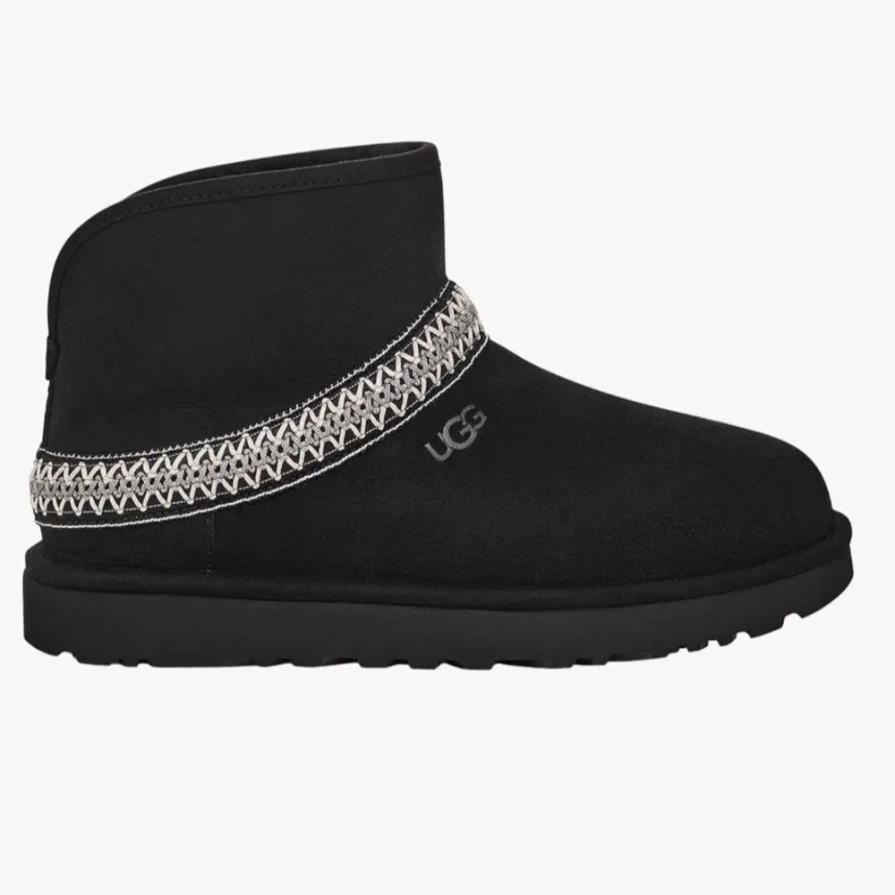 NEW UGG Classic Mini Crescent Suede Boot Women Size 9 Black White Embroidered
